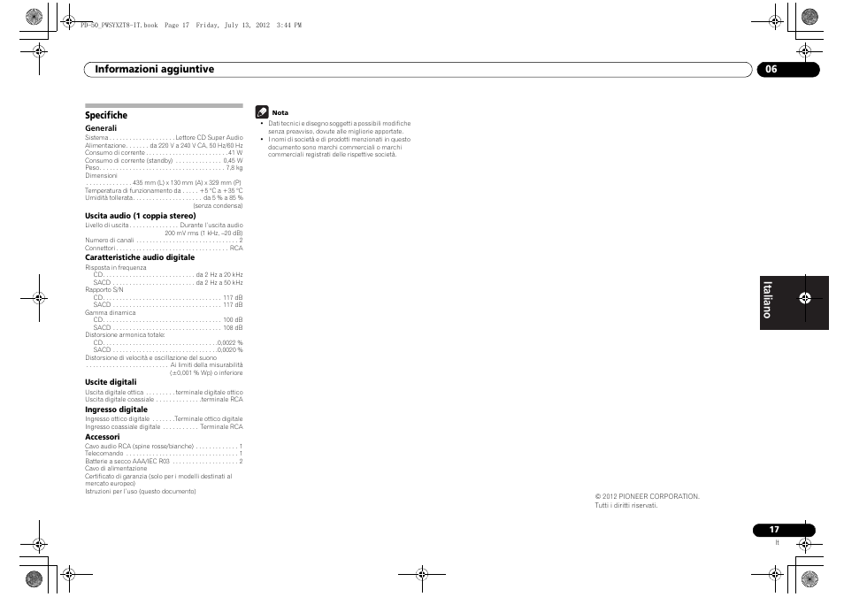 Specifiche | Pioneer PD-50-S User Manual | Page 65 / 116