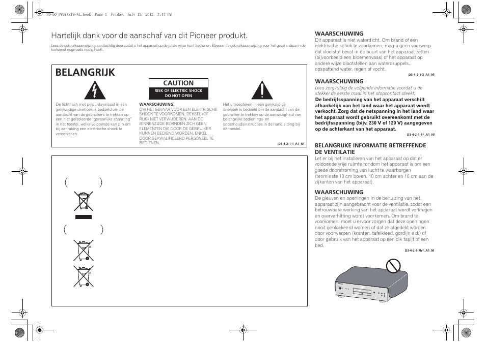 Belangrijk, Caution | Pioneer PD-50-S User Manual | Page 66 / 116