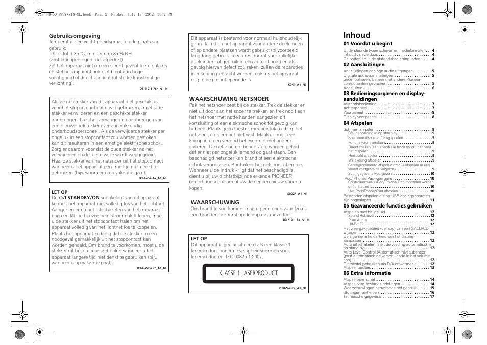 Super-audio cd-speler | reproductor de super a, Inhoud, Klasse 1 laserproduct | Pioneer PD-50-S User Manual | Page 67 / 116