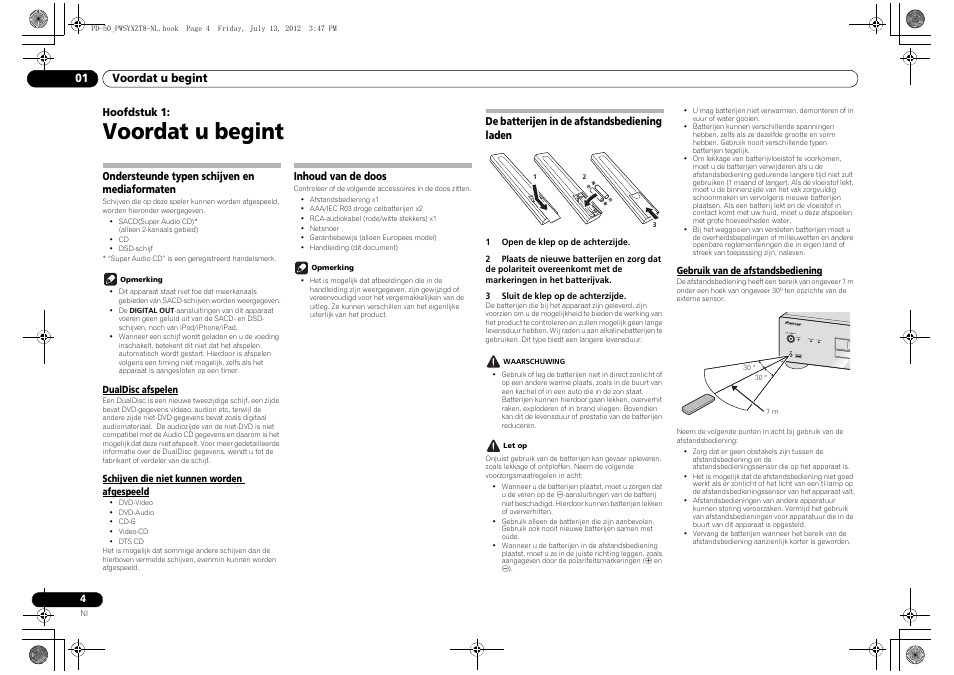 01 voordat u begint, Ondersteunde typen schijven en mediaformaten, Inhoud van de doos | De batterijen in de afstandsbediening laden, Voordat u begint, Voordat u begint 01, Hoofdstuk 1 | Pioneer PD-50-S User Manual | Page 68 / 116