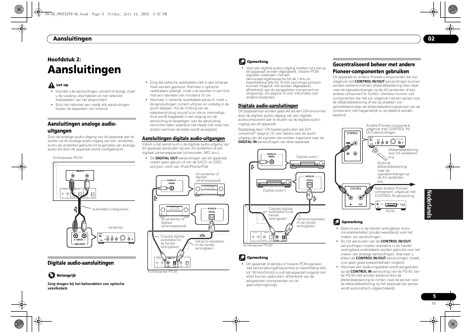 02 aansluitingen, Aansluitingen analoge audio-uitgangen, Digitale audio-aansluitingen | Gecentraliseerd beheer met andere pioneer, Componenten gebruiken, Aansluitingen, Aansluitingen 02, Hoofdstuk 2, Aansluitingen analoge audio- uitgangen | Pioneer PD-50-S User Manual | Page 69 / 116