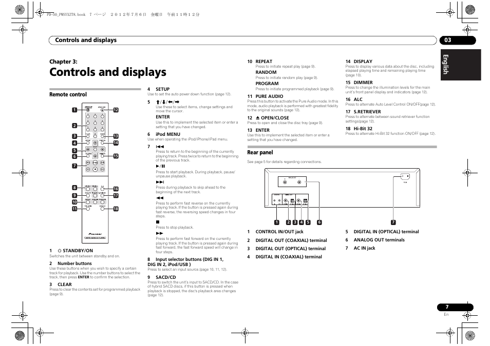 Controls and displays, Remote control, Rear panel | 03 controls and displays | Pioneer PD-50-S User Manual | Page 7 / 116