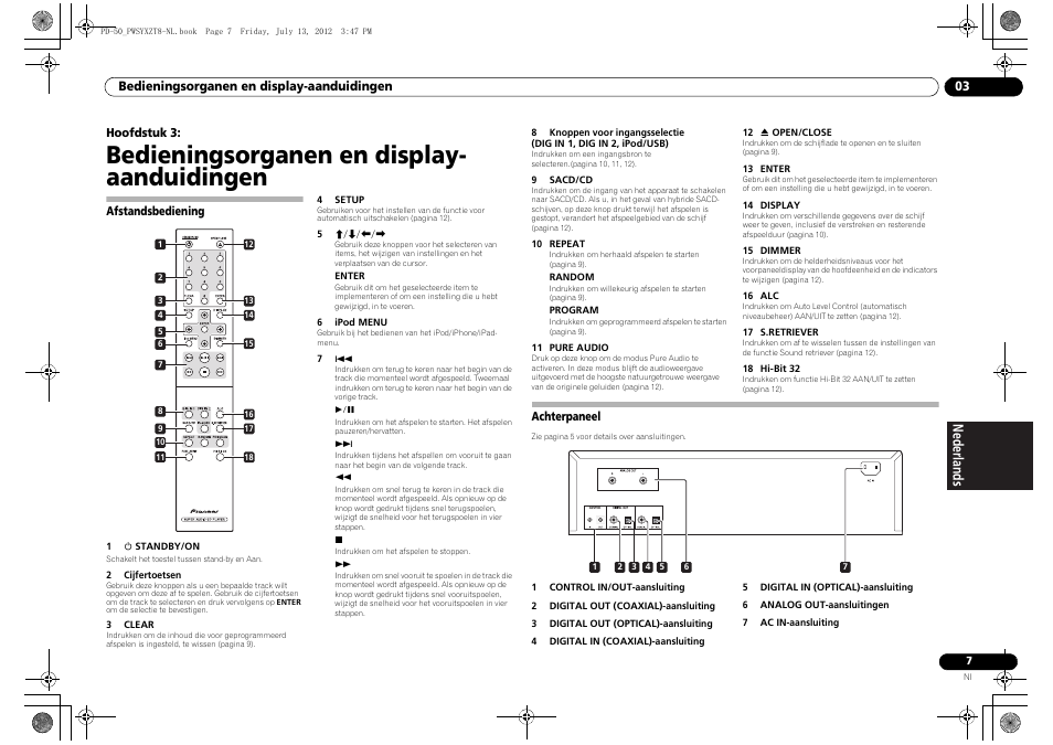 03 bedieningsorganen en display, Aanduidingen, Afstandsbediening | Achterpaneel, Bedieningsorganen en display- aanduidingen | Pioneer PD-50-S User Manual | Page 71 / 116