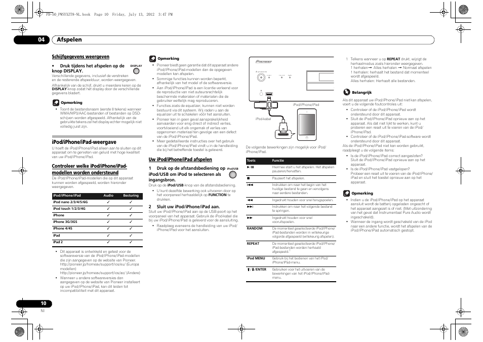 Schijfgegevens weergeven, Ipod/iphone/ipad-weergave, Controleer welke ipod/iphone/ipad-modellen worden | Ondersteund uw ipod/iphone/ipad afspelen, Afspelen 04 | Pioneer PD-50-S User Manual | Page 74 / 116
