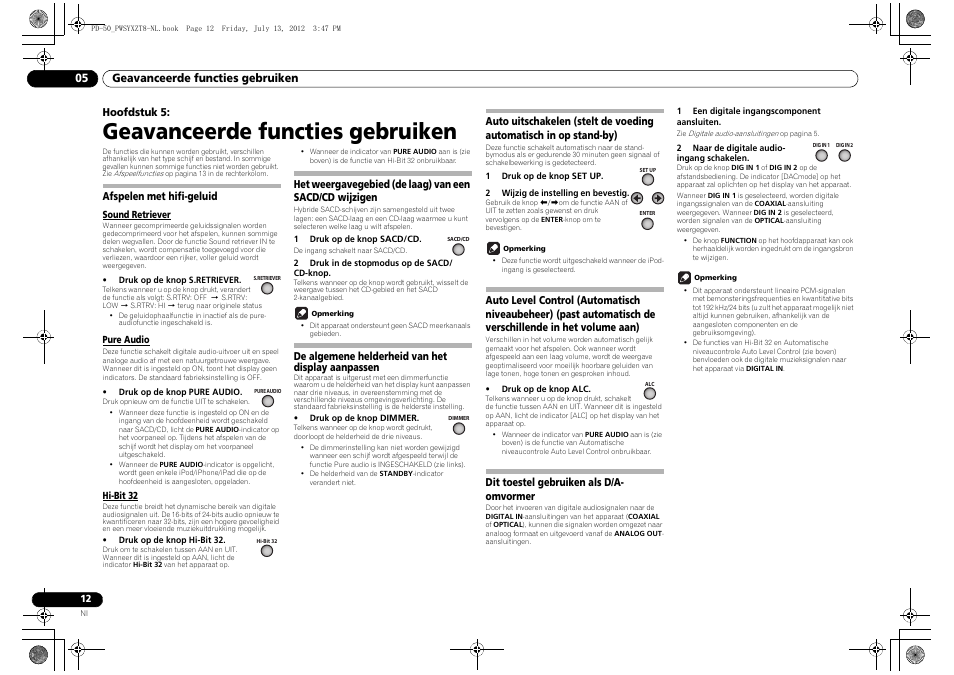05 geavanceerde functies gebruiken, Afspelen met hifi-geluid, Sound retriever | Pure audio, Hit-bit 32, Het weergavegebied (de laag) van een sacd/cd, Wijzigen, De algemene helderheid van het display, Aanpassen, Auto uitschakelen (stelt de voeding automatisch in | Pioneer PD-50-S User Manual | Page 76 / 116