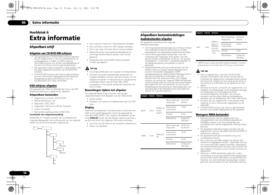 06 extra informatie, Afspeelbare schijf, Afspeelbare bestandsindelingen | Extra informatie, Extra informatie 06, Hoofdstuk 6 | Pioneer PD-50-S User Manual | Page 78 / 116