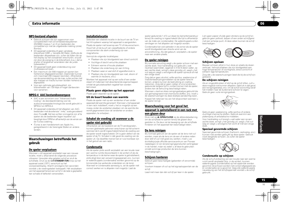 Waarschuwingen betreffende het gebruik | Pioneer PD-50-S User Manual | Page 79 / 116