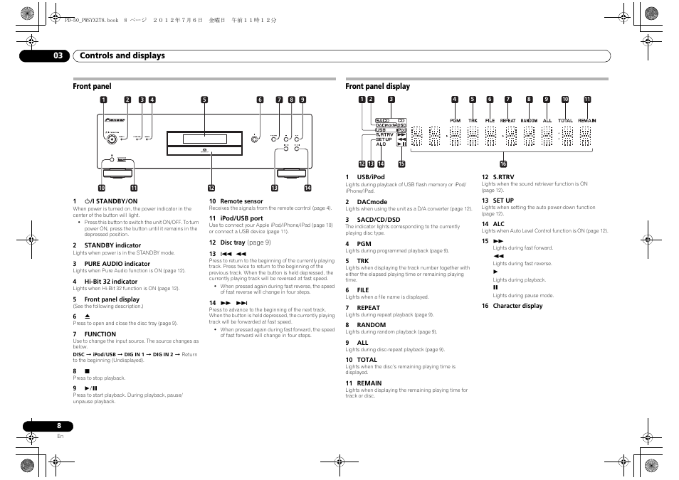 Front panel, Front panel display | Pioneer PD-50-S User Manual | Page 8 / 116
