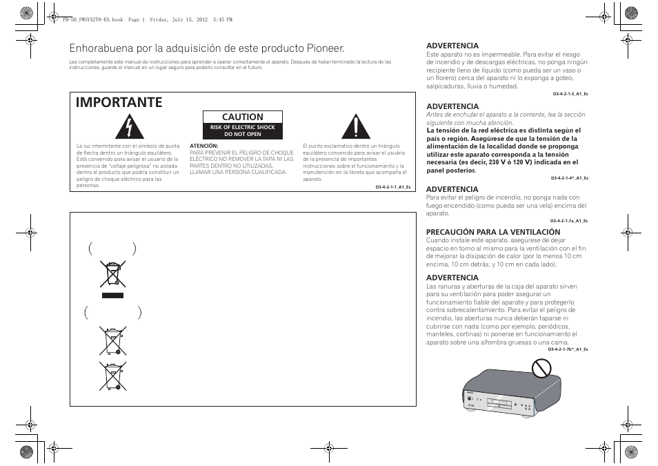 Importante, Caution | Pioneer PD-50-S User Manual | Page 82 / 116