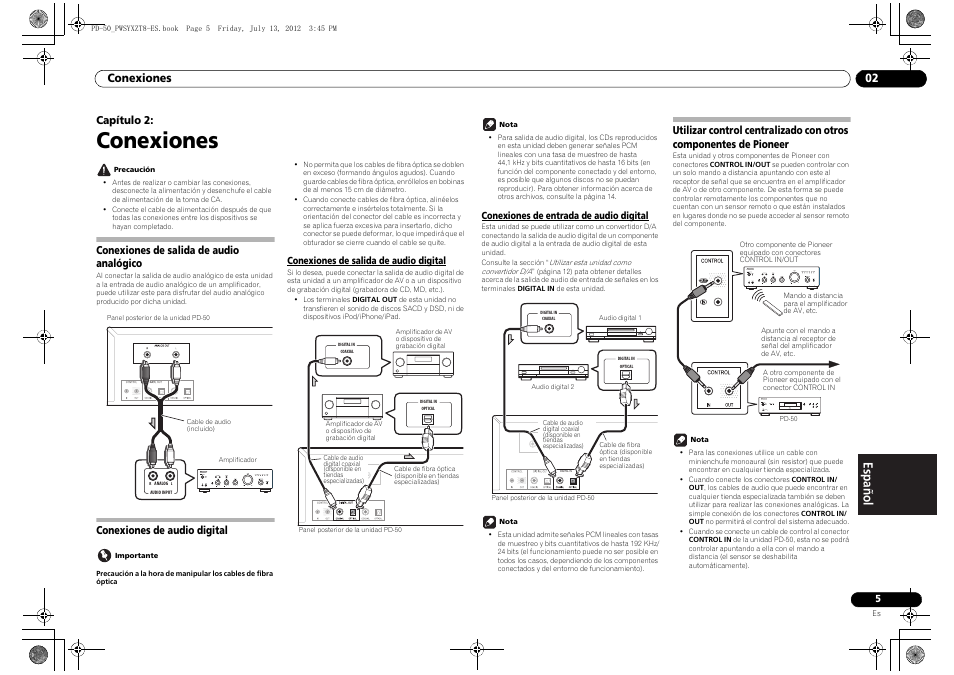 02 conexiones, Conexiones de salida de audio analógico, Conexiones de audio digital | De pioneer, Conexiones, Conexiones 02, Capítulo 2 | Pioneer PD-50-S User Manual | Page 85 / 116