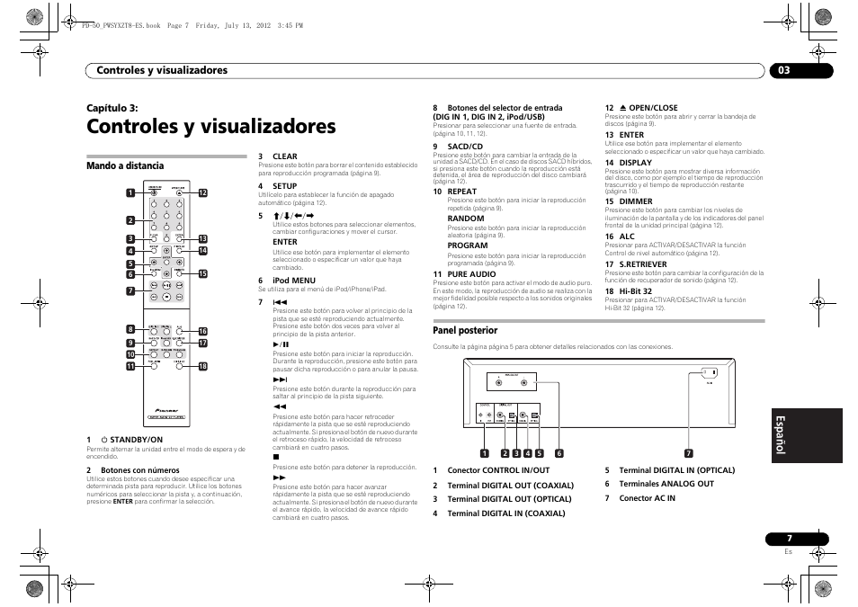 03 controles y visualizadores, Mando a distancia, Panel posterior | Controles y visualizadores | Pioneer PD-50-S User Manual | Page 87 / 116