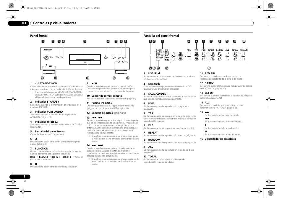 Panel frontal, Pantalla del panel frontal | Pioneer PD-50-S User Manual | Page 88 / 116