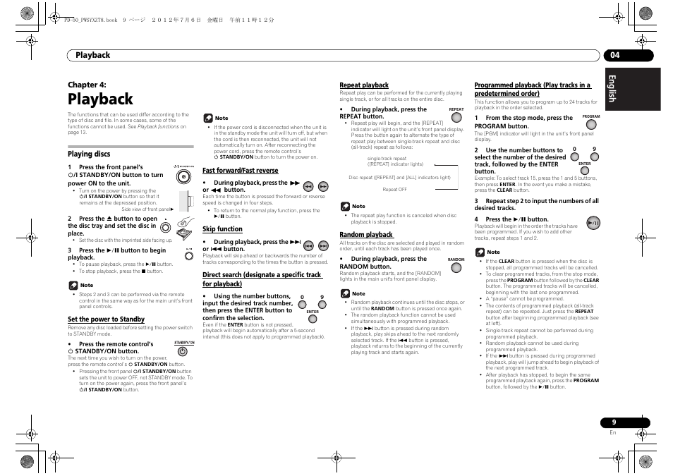Playback, Playing discs, Set the power to standby | Fast forward/fast reverse, Skip function, Repeat playback, Random playback, 04 playback, Predetermined order) | Pioneer PD-50-S User Manual | Page 9 / 116