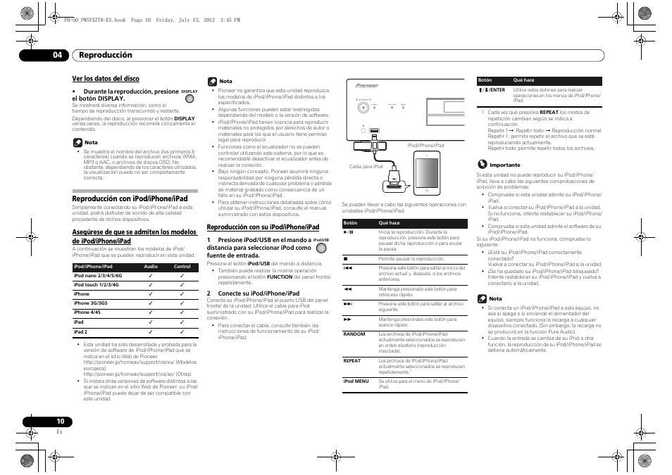 Ver los datos del disco, Reproducción con ipod/iphone/ipad, Asegúrese de que se admiten los modelos de ipod | Iphone/ipad, Reproducción con su ipod/iphone/ipad, Reproducción 04 | Pioneer PD-50-S User Manual | Page 90 / 116
