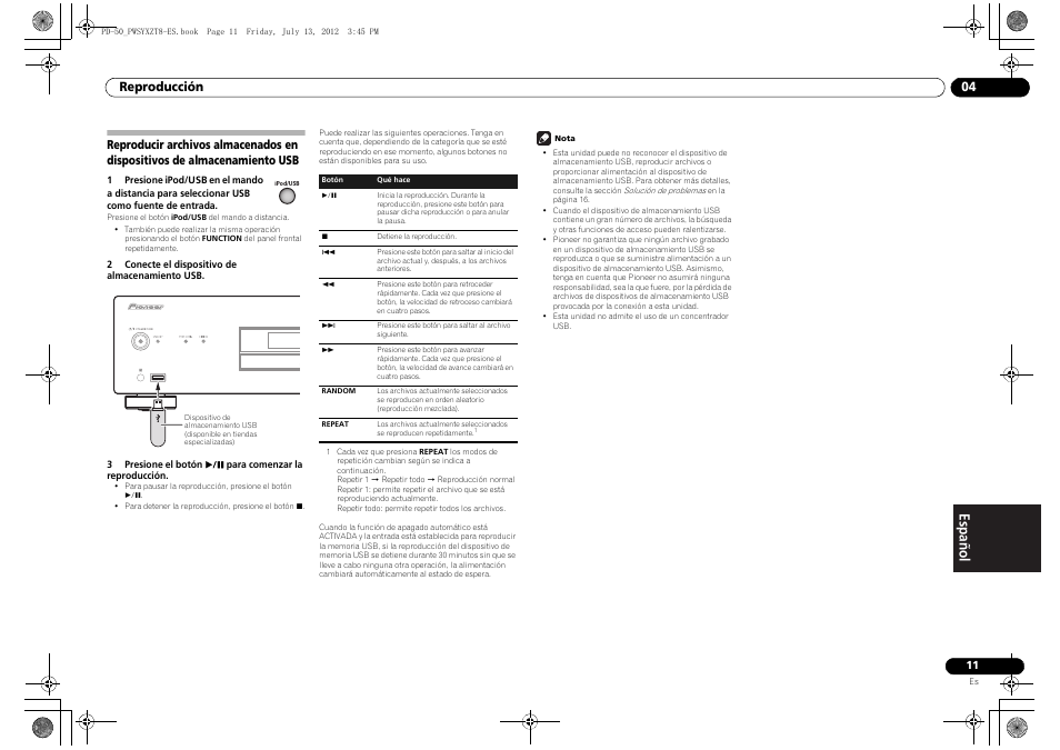 Reproducir archivos almacenados en dispositivos, De almacenamiento usb, Reproducción 04 | Pioneer PD-50-S User Manual | Page 91 / 116