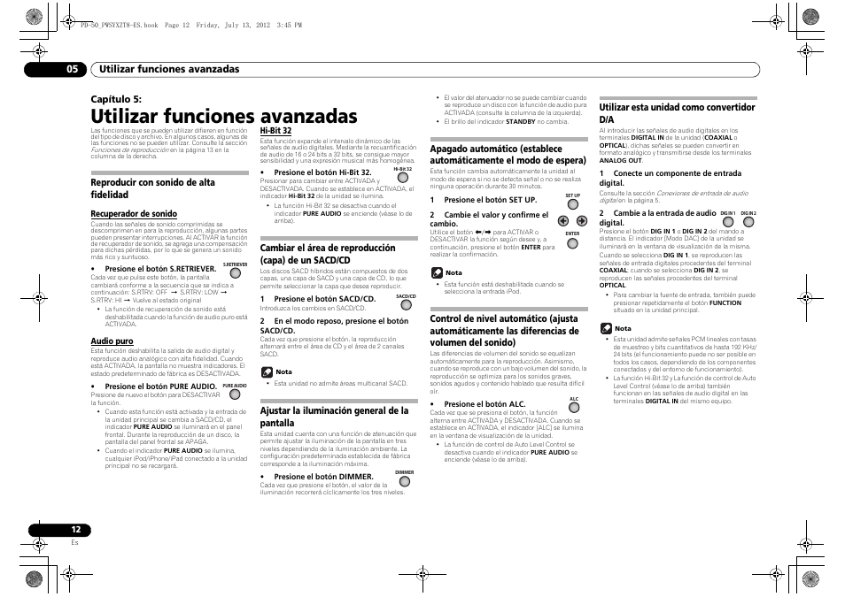 05 utilizar funciones avanzadas, Reproducir con sonido de alta fidelidad, Recuperador de sonido | Audio puro, Hit-bit 32, Cambiar el área de reproducción (capa) de un, Sacd/cd, Ajustar la iluminación general de la pantalla, Apagado automático (establece automáticamente, El modo de espera) | Pioneer PD-50-S User Manual | Page 92 / 116