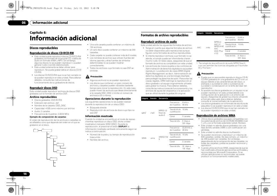 06 información adicional, Discos reproducibles, Formatos de archivo reproducibles | Información adicional, Información adicional 06, Capítulo 6 | Pioneer PD-50-S User Manual | Page 94 / 116