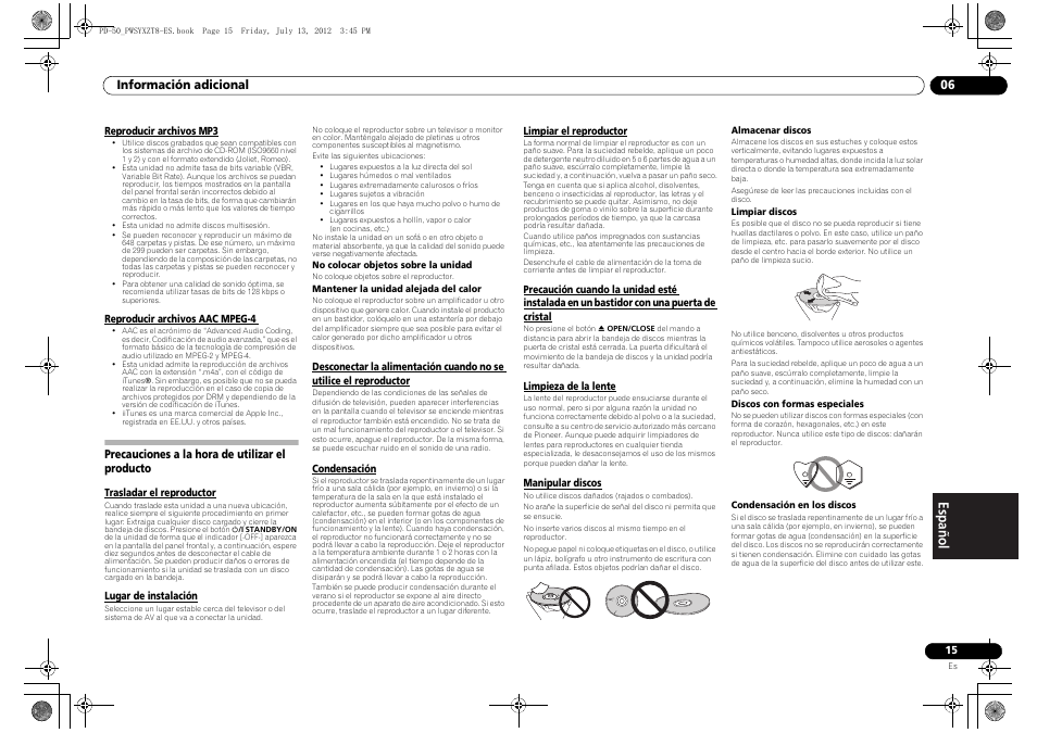 Precauciones a la hora de utilizar el producto | Pioneer PD-50-S User Manual | Page 95 / 116
