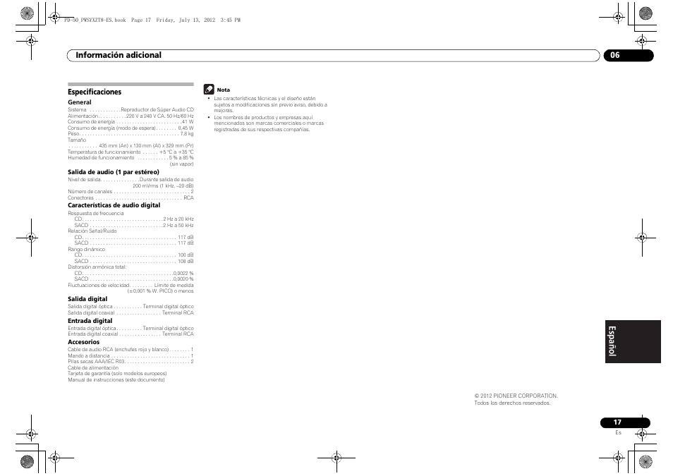 Especificaciones | Pioneer PD-50-S User Manual | Page 97 / 116