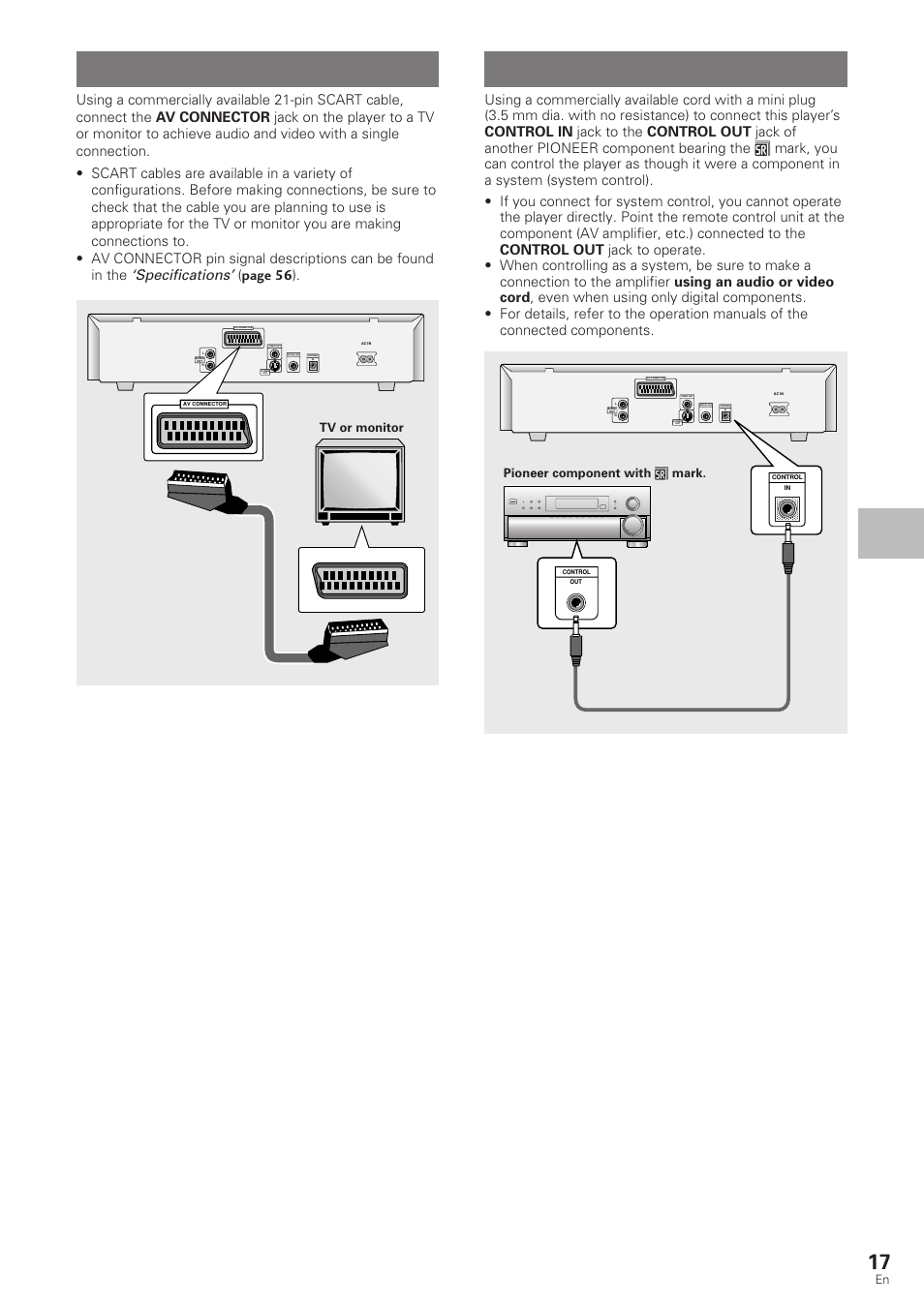 Av connector connection system control connections, System control connections, Av connector connection | Making connections, Specifications, Page 56 ), Tv or monitor, Pioneer component with î mark | Pioneer DV-340 User Manual | Page 17 / 56