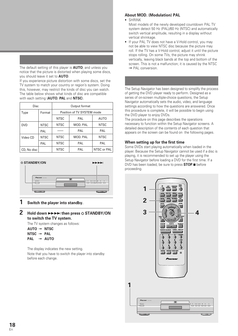 Setting up the player, Setting the tv system using the setup navigator, Using the setup navigator | Setting the tv system, When setting up for the first time, Switch the player into standby, About mod. (modulation) pal, Standby/on, Dvd pla yer | Pioneer DV-340 User Manual | Page 18 / 56