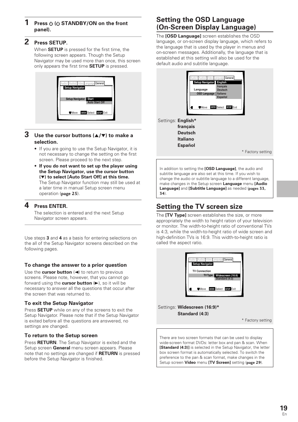 Setting the tv screen size, Setting up the pla yer, Press ( standby/on on the front panel) | Press setup, Press enter | Pioneer DV-340 User Manual | Page 19 / 56