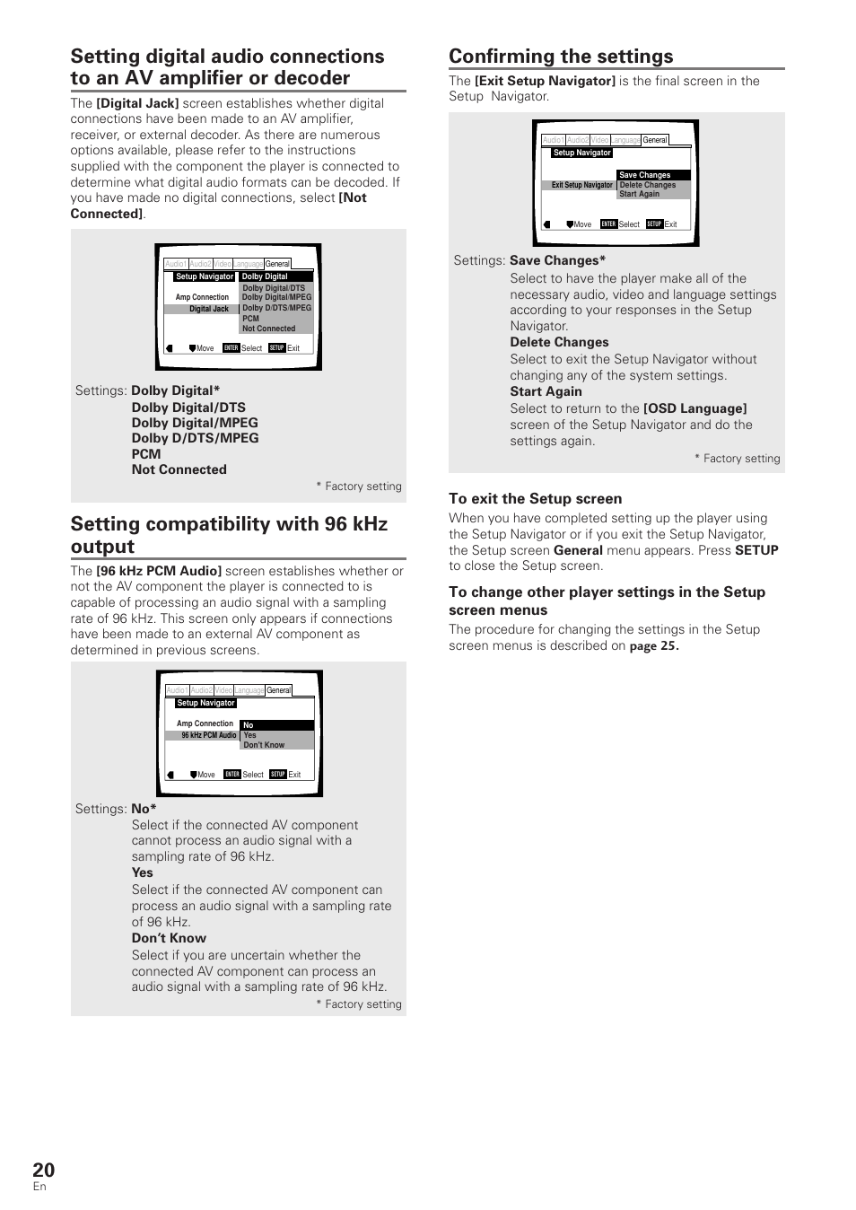 Confirming the settings, Setting compatibility with 96 khz output | Pioneer DV-340 User Manual | Page 20 / 56