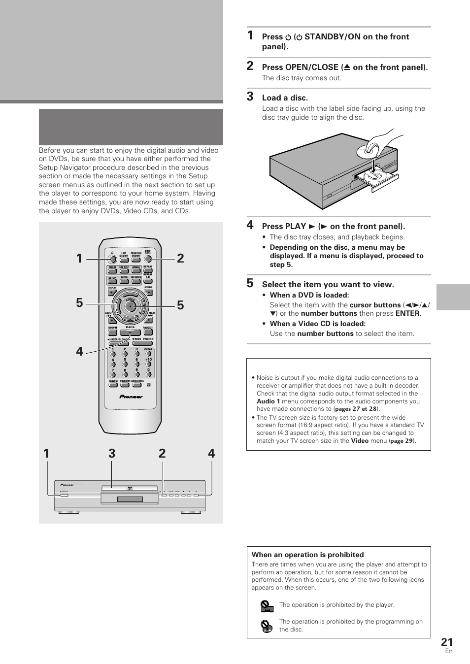 Player, Playing dvds, video cds and cds, Getting started using your dvd player | Press ( standby/on on the front panel), Press open/close ( 0 on the front panel), Load a disc, Press play 3 ( 3 on the front panel), Select the item you want to view, Dvd/video cd/cd, The disc tray comes out | Pioneer DV-340 User Manual | Page 21 / 56