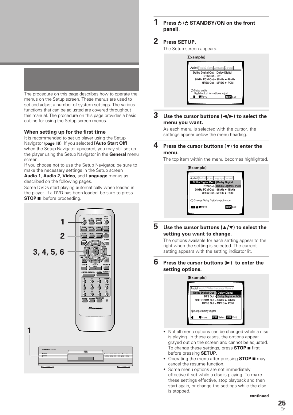 Adjusting audio and video, Settings, Using the setup screen menus | Adjusting audio and video settings, When setting up for the first time, Press ( standby/on on the front panel), Press setup, Press the cursor buttons ( ∞ ) to enter the menu, The setup screen appears, The top item within the menu becomes highlighted | Pioneer DV-340 User Manual | Page 25 / 56