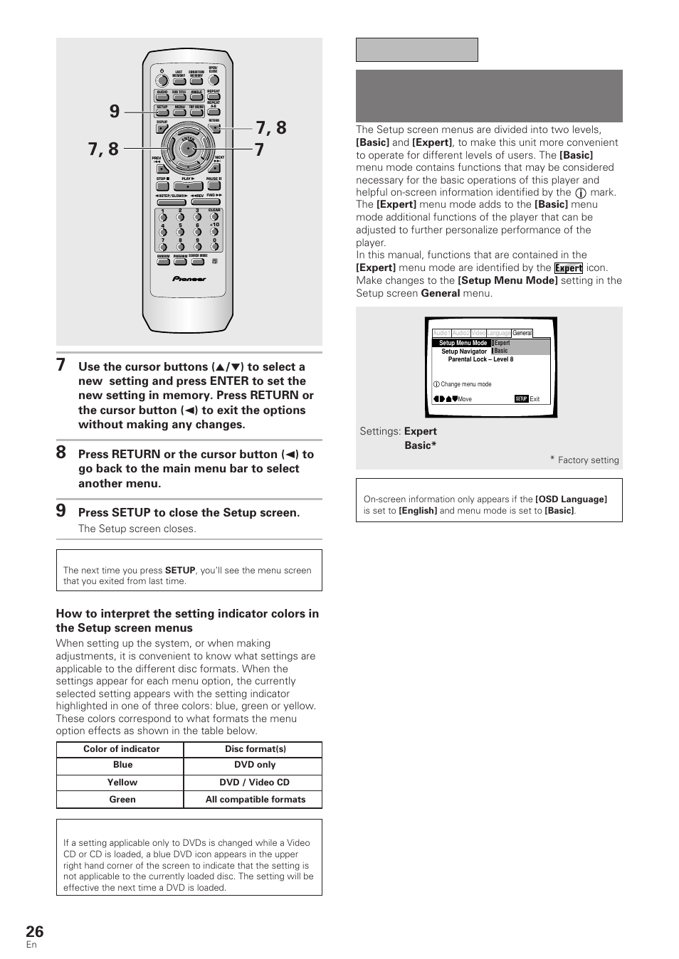 Changing to the setup screen “expert” menu, Mode, Changing to the setup screen “expert” menu mode | Important, Press setup to close the setup screen, The setup screen closes, Settings: expert basic | Pioneer DV-340 User Manual | Page 26 / 56