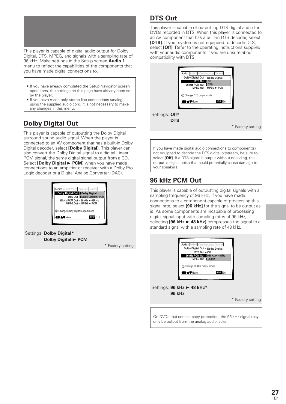 Setting the digital audio output to be, Compatible with your av component, Dolby digital out | Dts out, 96 khz pcm out, Adjusting audio and video settings | Pioneer DV-340 User Manual | Page 27 / 56