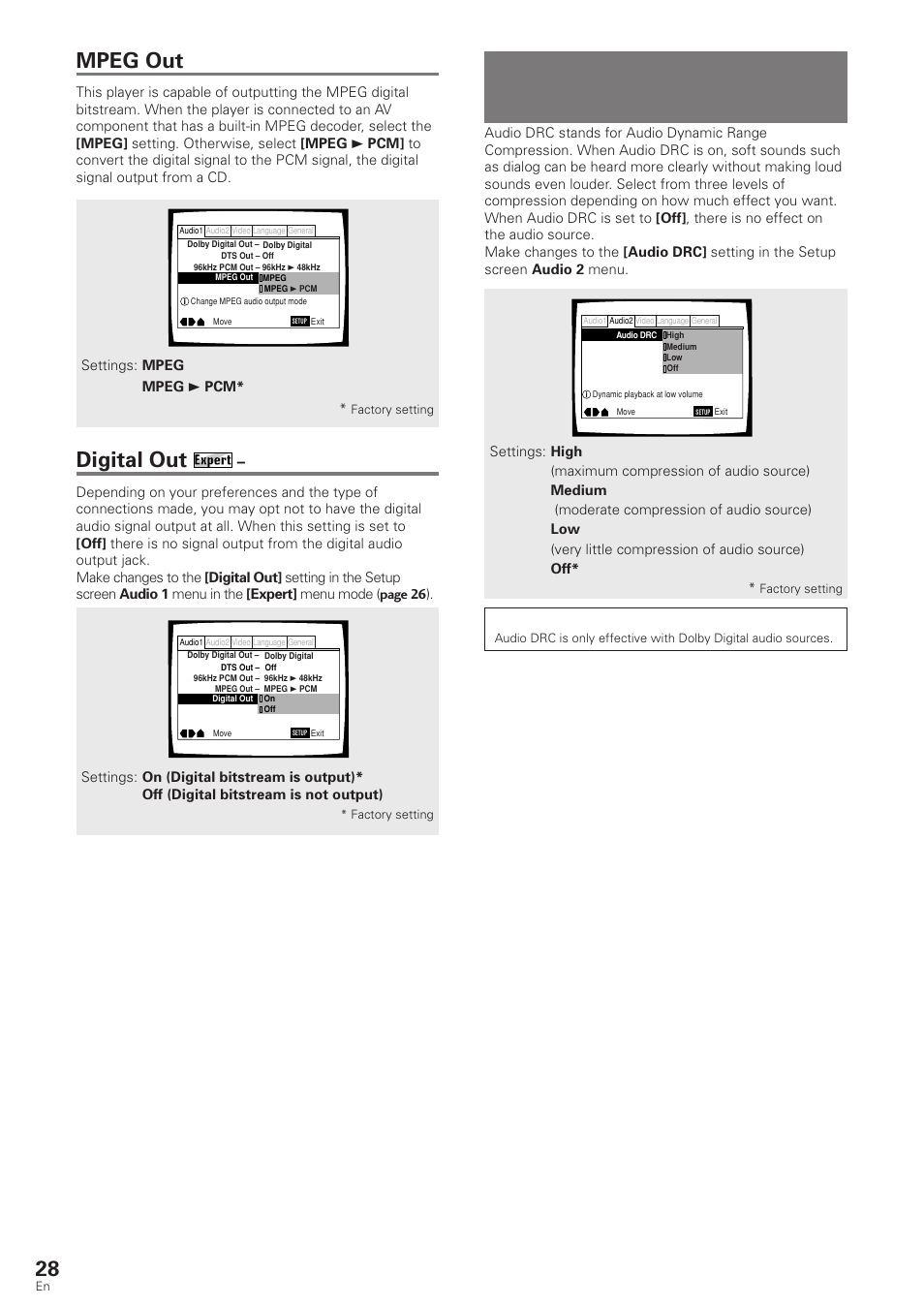 Adjusting the dynamic range of the audio, Soundtrack, Digital out | Mpeg out, Dvd/video cd/cd | Pioneer DV-340 User Manual | Page 28 / 56