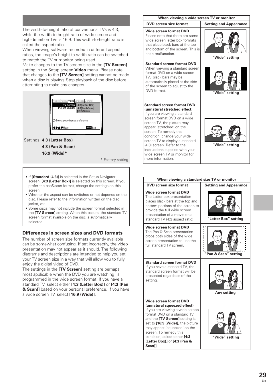 Setting the tv screen size, Adjusting audio and video settings, Differences in screen sizes and dvd formats | Pioneer DV-340 User Manual | Page 29 / 56