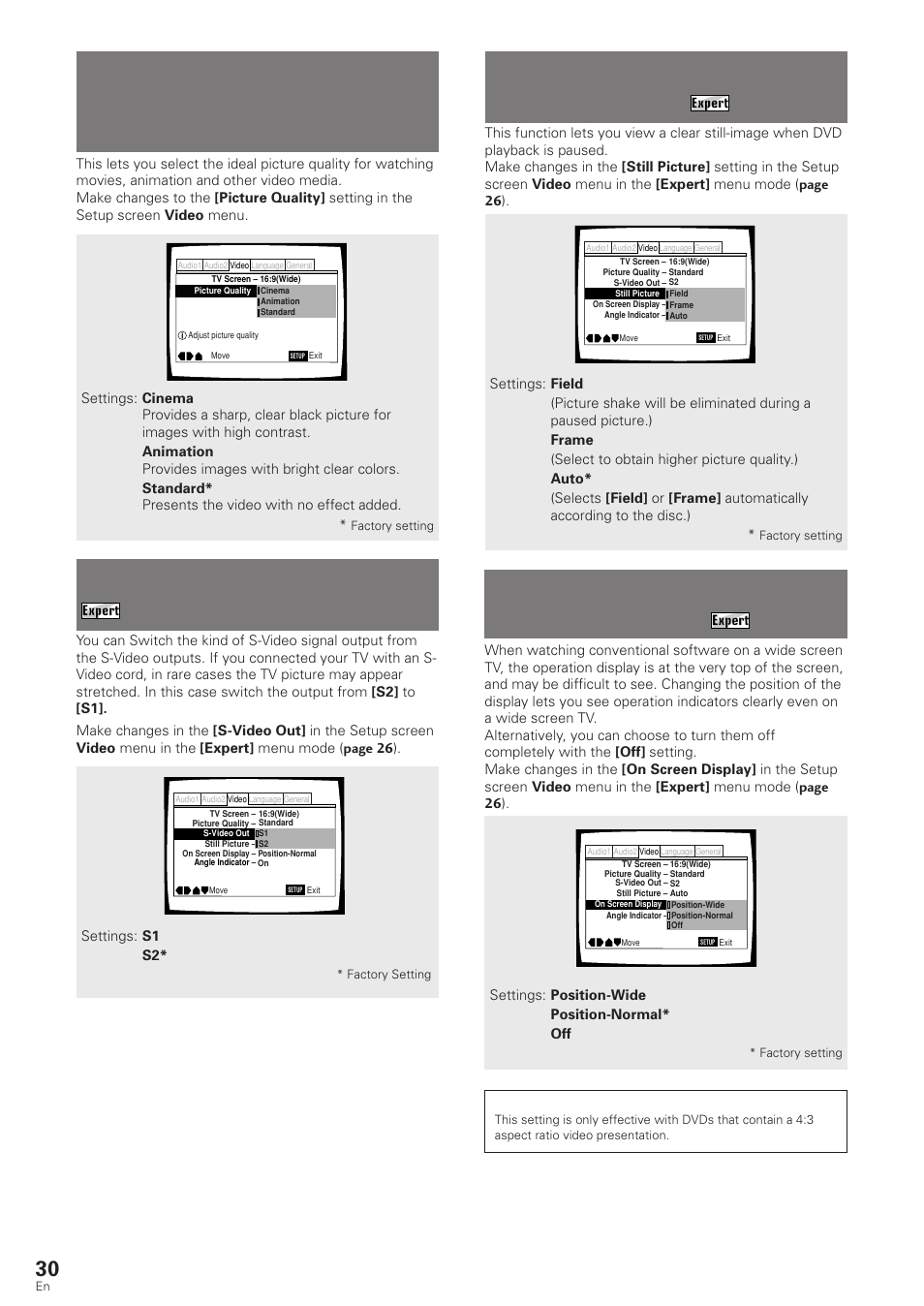 Selecting picture quality appropriate for, Program content, Display | Setting the position of the on-screen, Selecting the type of paused image to display, Switching the s-video output, Setting the position of the on-screen display, Dvd/video cd | Pioneer DV-340 User Manual | Page 30 / 56