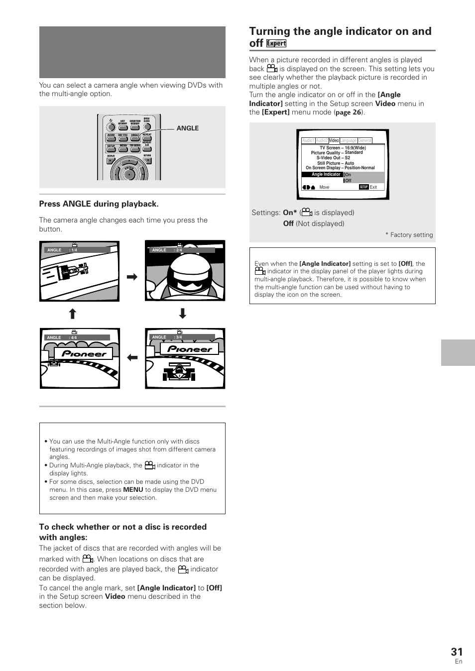 Viewing from a desired camera angle, Multi-angle), Viewing from a desired camera angle (multi-angle) | Turning the angle indicator on and off, Adjusting audio and video settings, Press angle during playback, Settings: on* ( is displayed) off (not displayed) | Pioneer DV-340 User Manual | Page 31 / 56