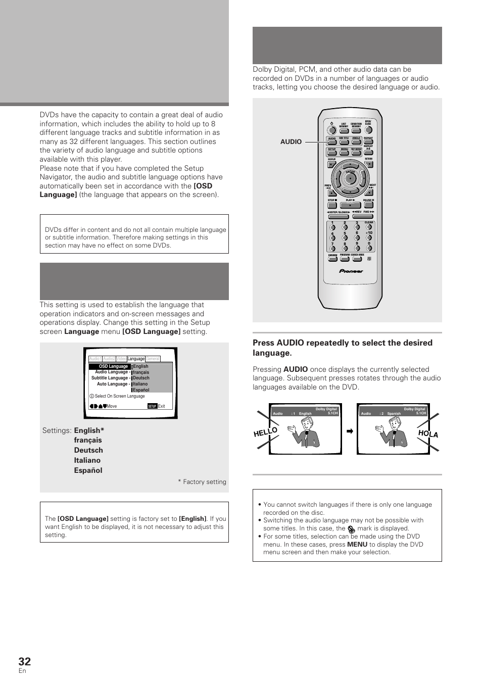 Setting the language options, Setting the on-screen display, Osd) language | Changing the audio language, Multi-language function), Setting the on-screen display (osd) language, Hello hola, Factory setting, Audio | Pioneer DV-340 User Manual | Page 32 / 56