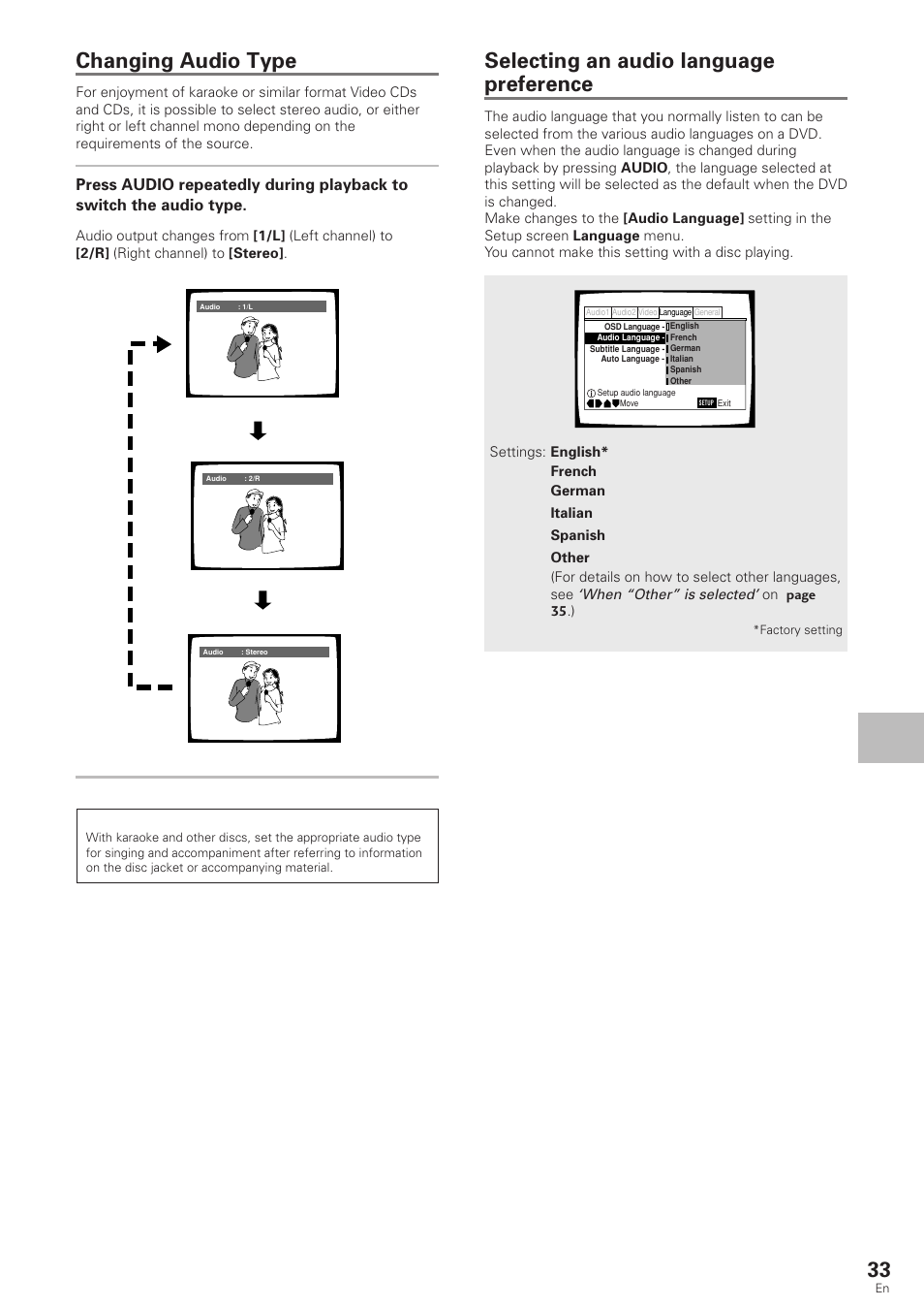 Changing audio type, Selecting an audio language preference, Setting the language options | Video cd/cd | Pioneer DV-340 User Manual | Page 33 / 56