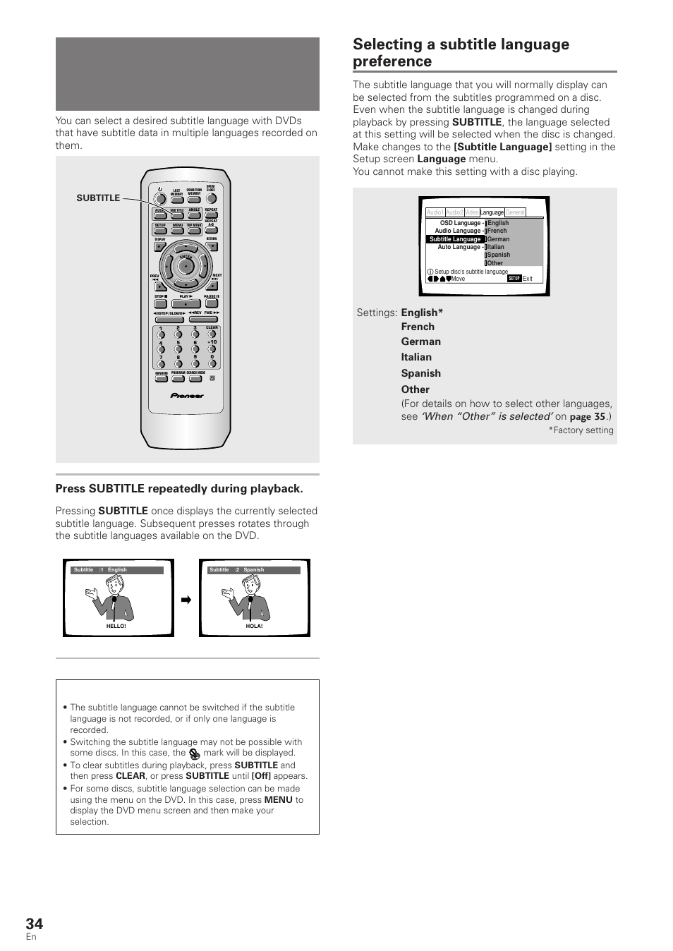 Selecting a subtitle language, Multi-language subtitles), Selecting a subtitle language preference | Press subtitle repeatedly during playback, When “other” is selected, On page 35 .), Subtitle, Factory setting | Pioneer DV-340 User Manual | Page 34 / 56