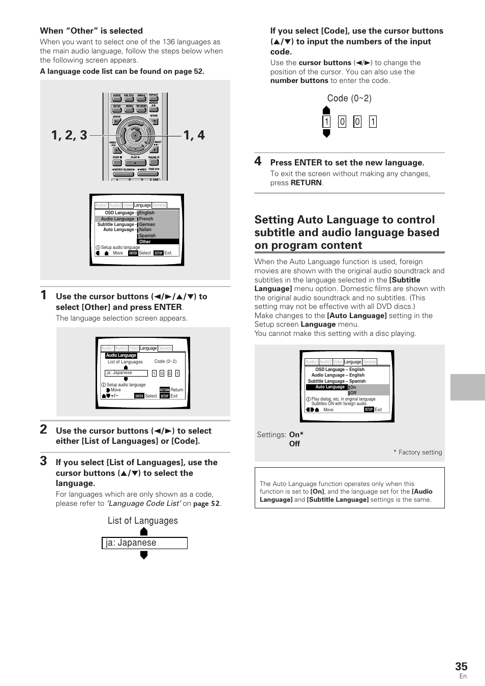 Ja: japanese list of languages, Setting the language options, When “other” is selected | Press enter to set the new language, Language code list, The language selection screen appears, On page 52 | Pioneer DV-340 User Manual | Page 35 / 56