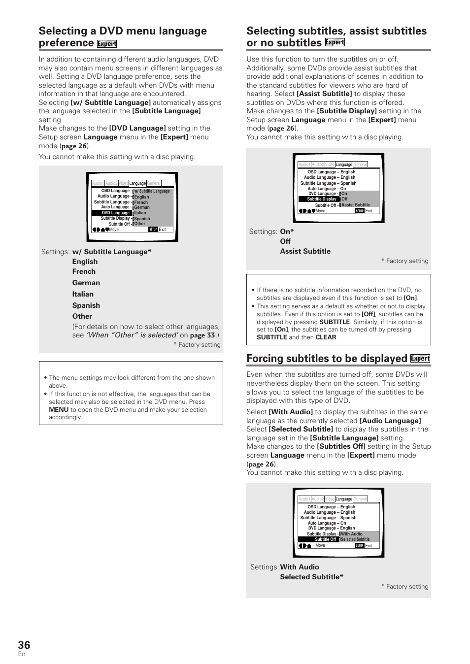 Selecting a dvd menu language preference, Forcing subtitles to be displayed, When “other” is selected | Pioneer DV-340 User Manual | Page 36 / 56