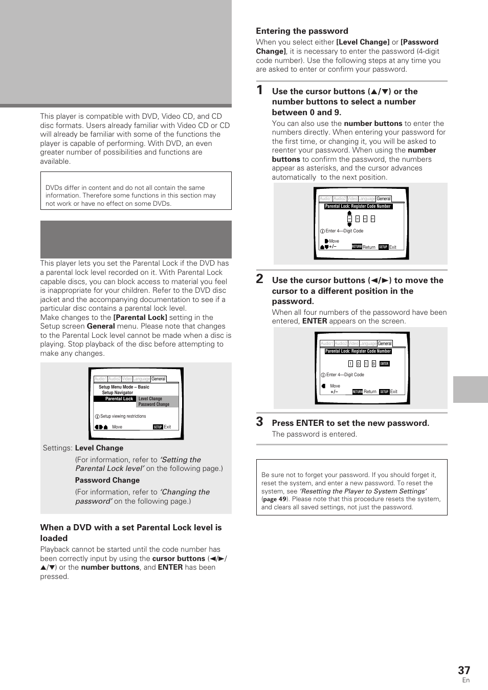 Advanced functions, Setting the parental lock level | Pioneer DV-340 User Manual | Page 37 / 56