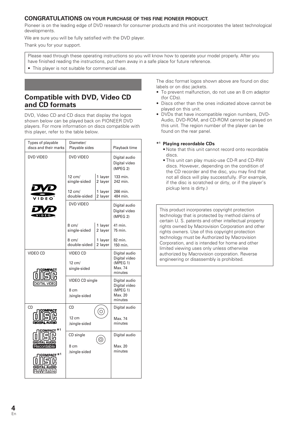 Features of this player, Compatible with dvd, video cd and cd formats | Pioneer DV-340 User Manual | Page 4 / 56