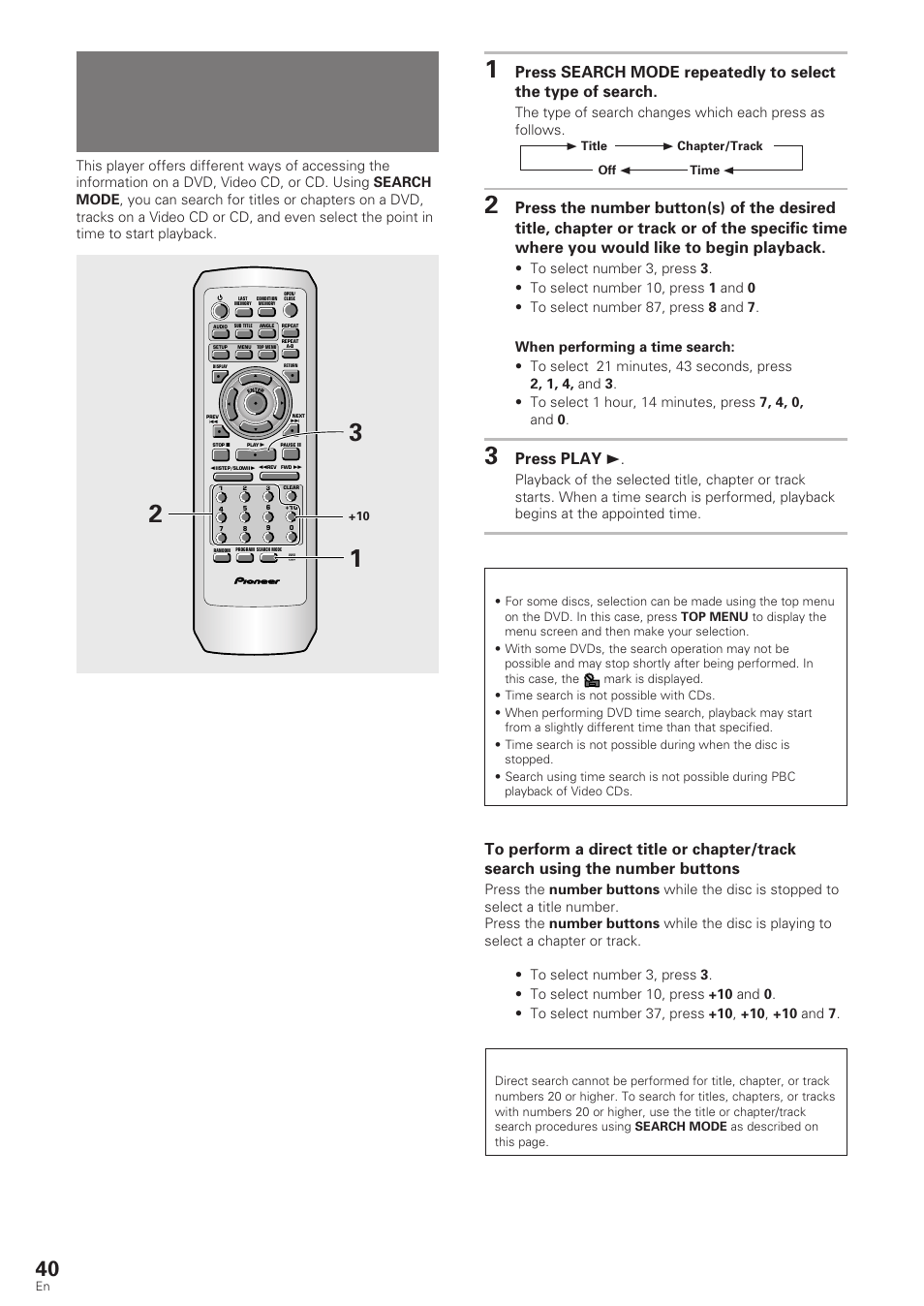 Searching for a title, chapter, track, Or location on a disc, Dvd/video cd/cd | Press play 3 | Pioneer DV-340 User Manual | Page 40 / 56