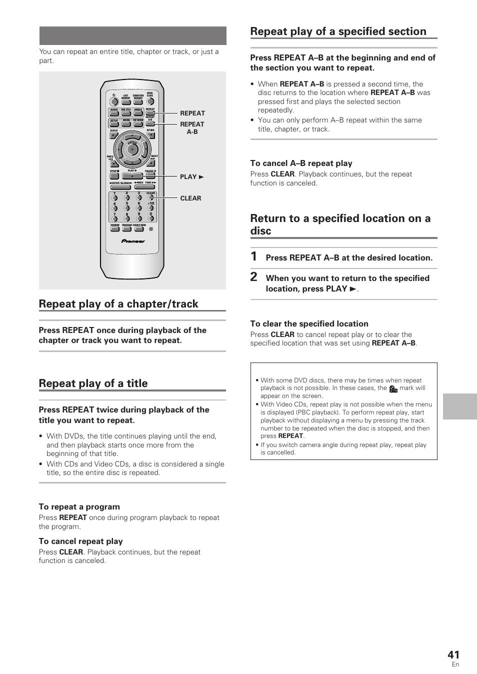 Repeat play, Repeat play of a chapter/track, Repeat play of a title | Return to a specified location on a disc, Adv anced functions, Dvd/video cd/cd, Press repeat a–b at the desired location | Pioneer DV-340 User Manual | Page 41 / 56