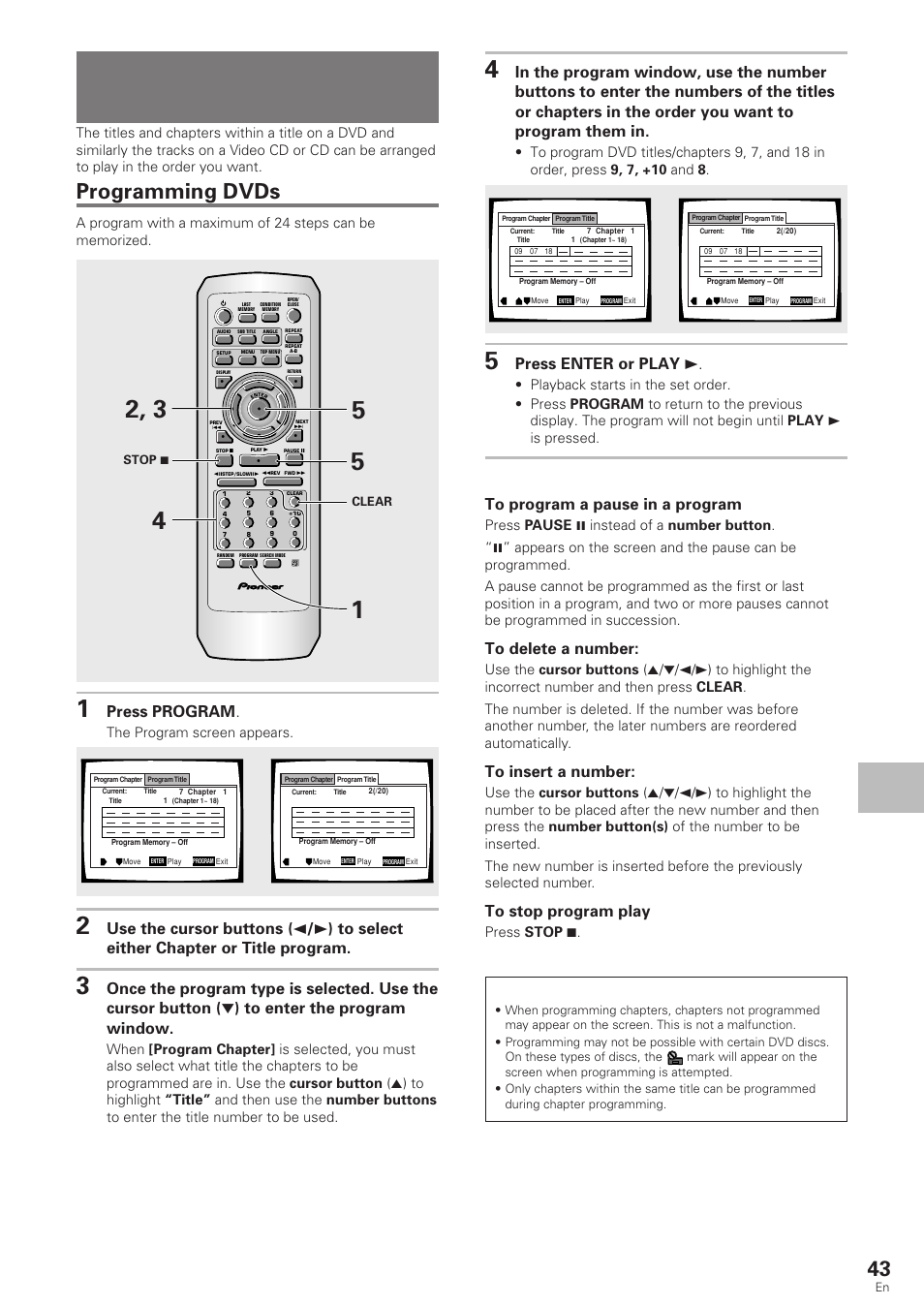 Playback in a desired order, Program play), Playback in a desired order (program play) | Programming dvds, Adv anced functions, Press program, Press enter or play 3, Dvd/video cd/cd, The program screen appears | Pioneer DV-340 User Manual | Page 43 / 56