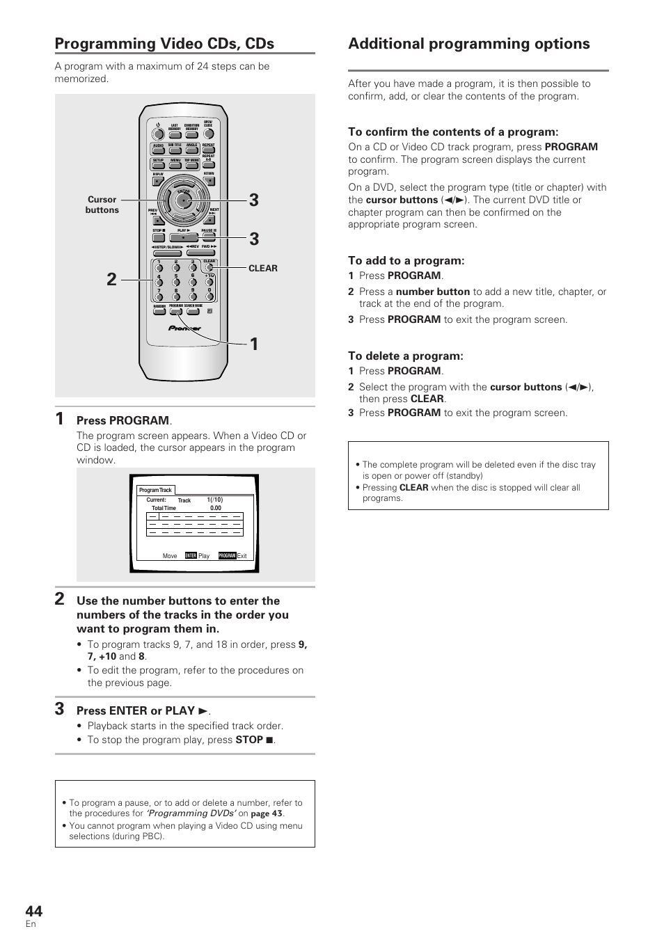 Additional programming options, Programming video cds, cds, Dvd/video cd/cd | Press program, Press enter or play 3 | Pioneer DV-340 User Manual | Page 44 / 56