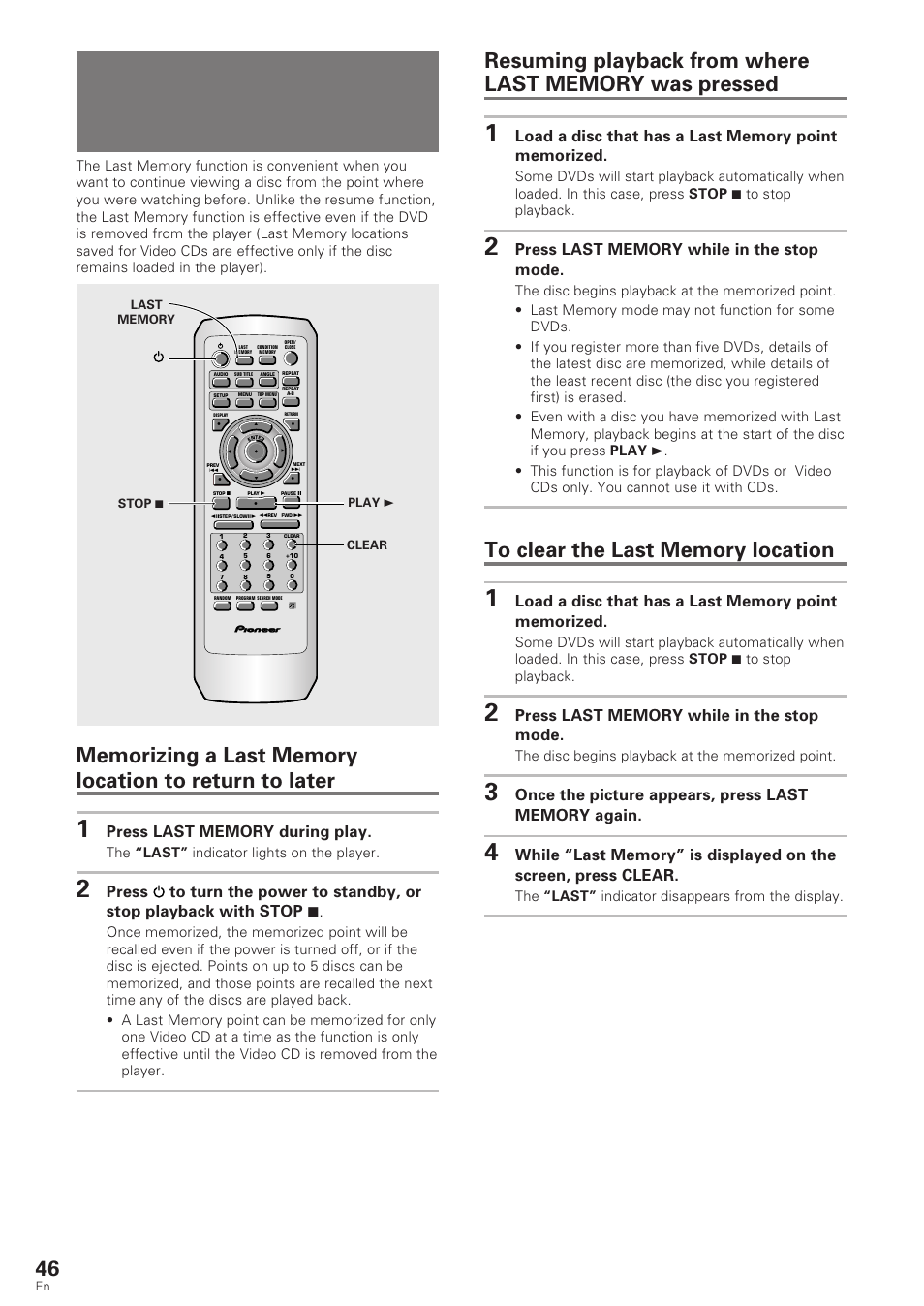 Continuing playback from a specified location, Last memory), Dvd/video cd | The “last” indicator lights on the player, The “last” indicator disappears from the display | Pioneer DV-340 User Manual | Page 46 / 56