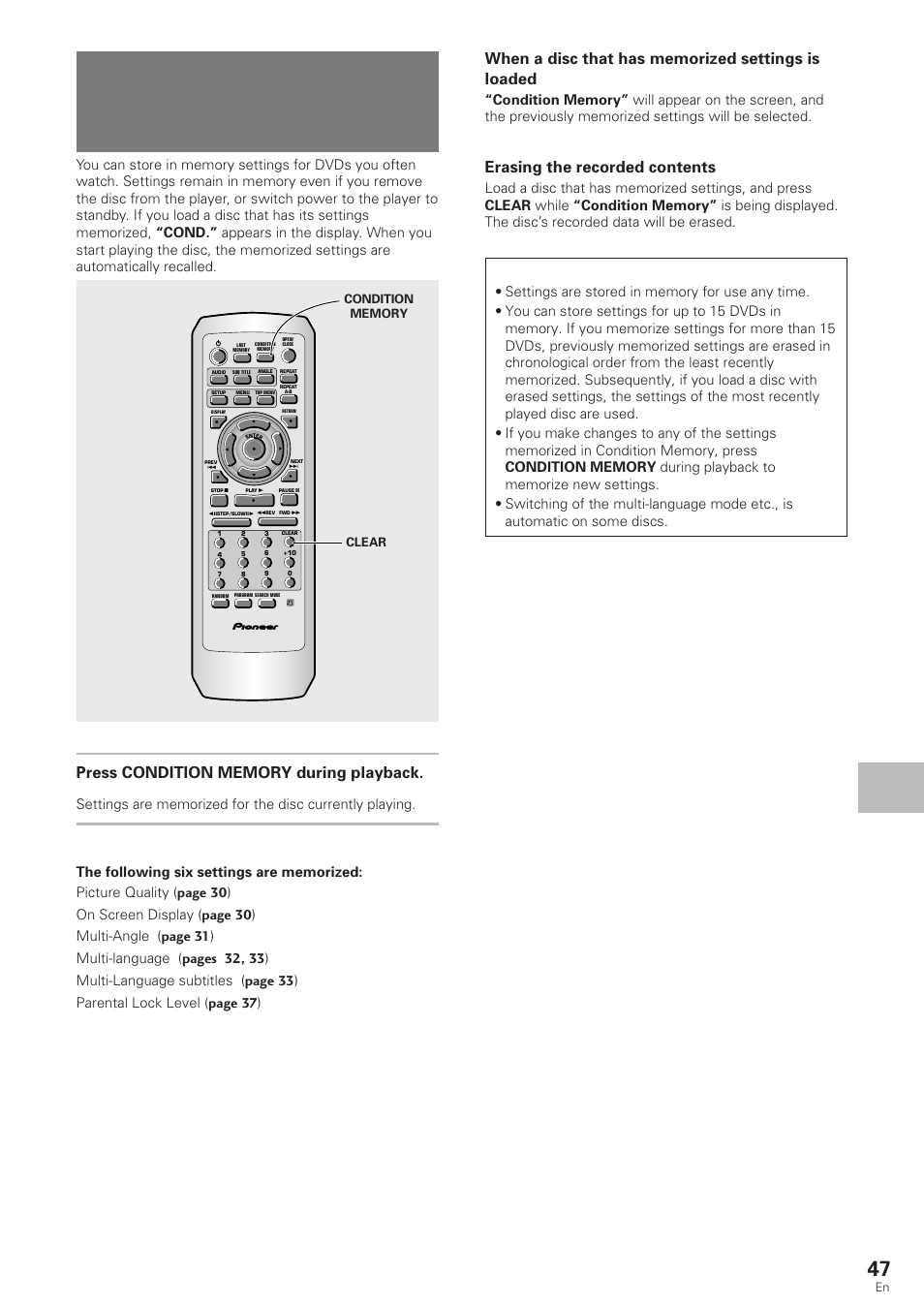 Memorizing settings for often viewed dvds, Condition memory), Adv anced functions | Erasing the recorded contents | Pioneer DV-340 User Manual | Page 47 / 56