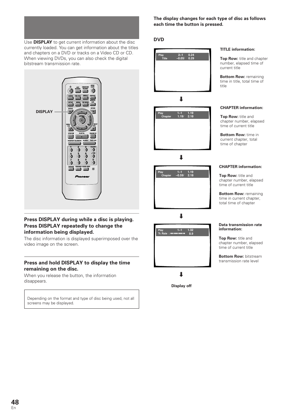 Viewing disc information, Dvd/video cd/cd, Display | Pioneer DV-340 User Manual | Page 48 / 56