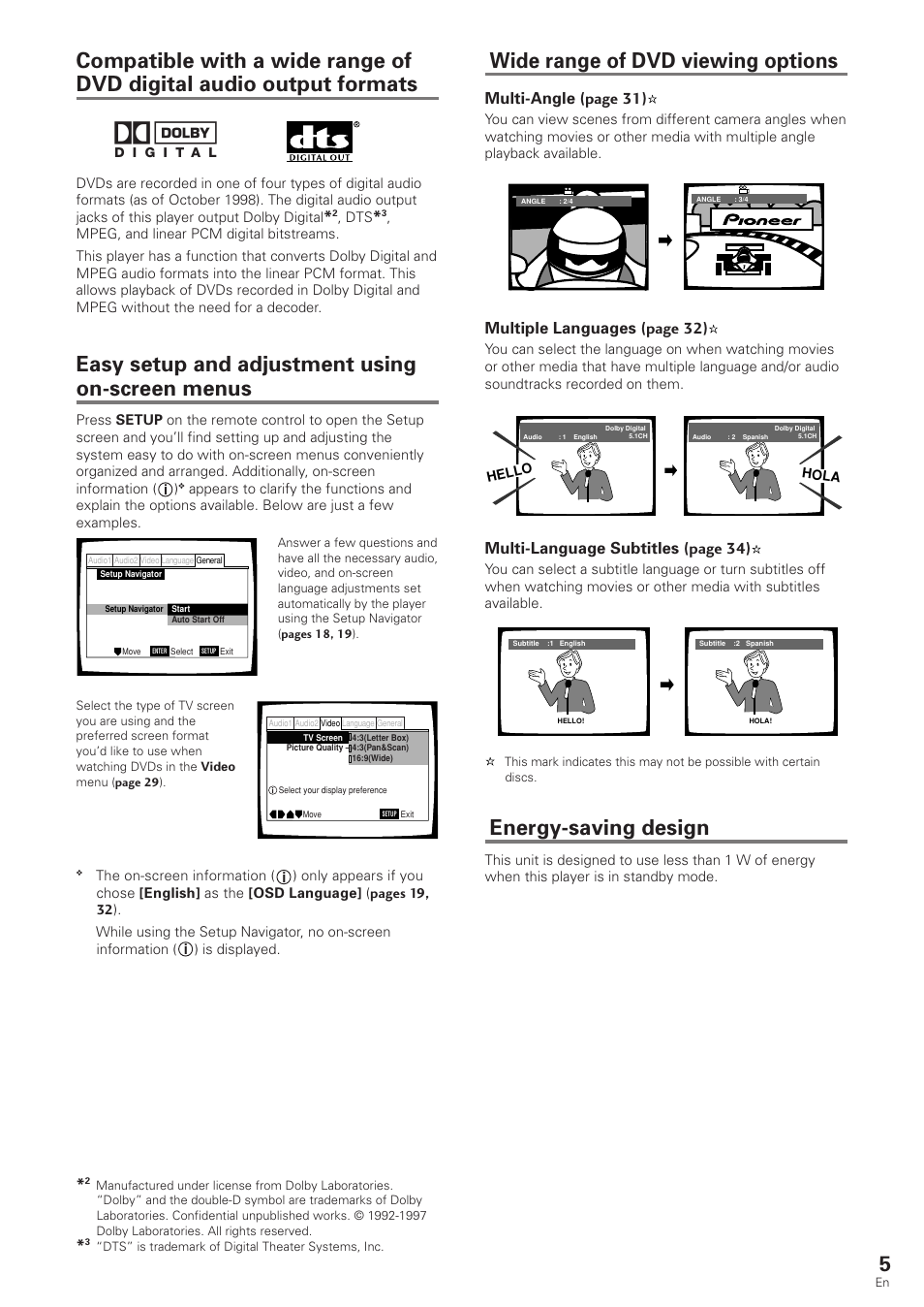 Wide range of dvd viewing options, Energy-saving design, Easy setup and adjustment using on-screen menus | Multi-angle (page 31), Multiple languages (page 32), Multi-language subtitles (page 34) | Pioneer DV-340 User Manual | Page 5 / 56